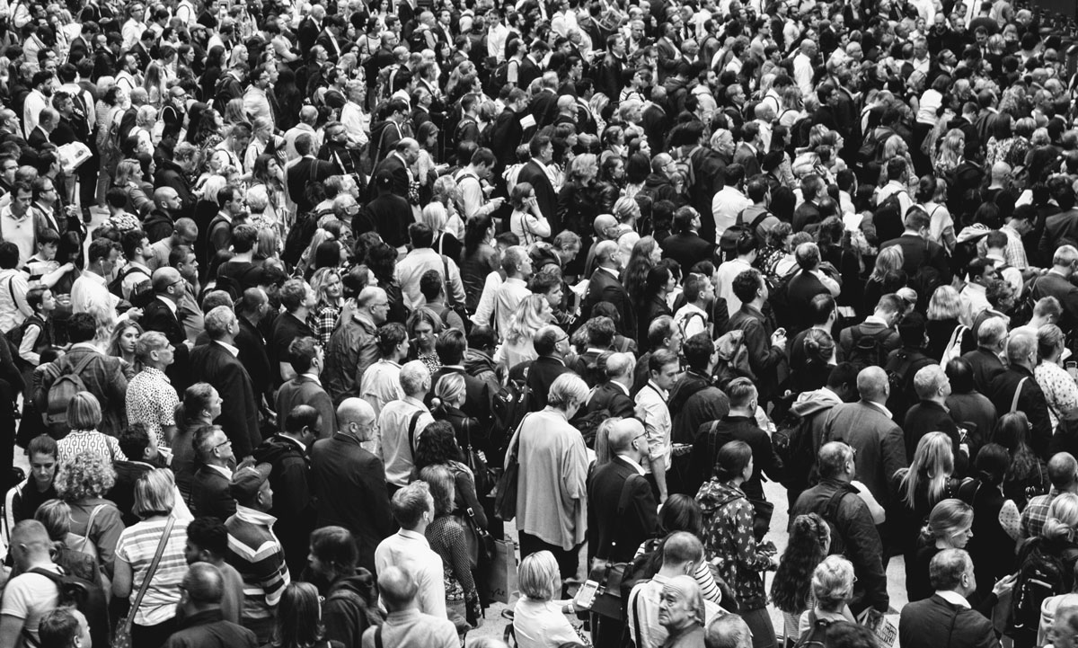 Black and white image of a large crowd